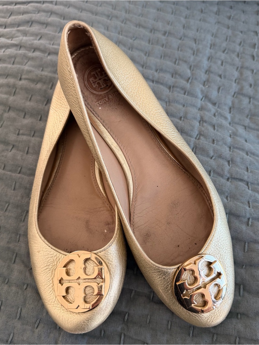 Tory Burch Metallic Gold Leather Logo Ballet Flats